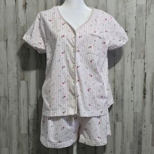 Oscar de la Renta Light Pink Floral Pajama Set Button Front Short Sleeve Medium